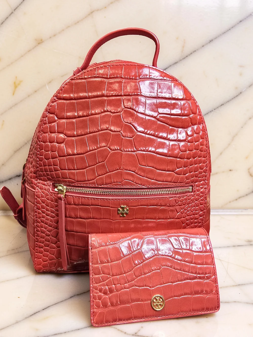 Tory Burch Red Emerson Leather Croc-Embossed Backpack & Wallet Set